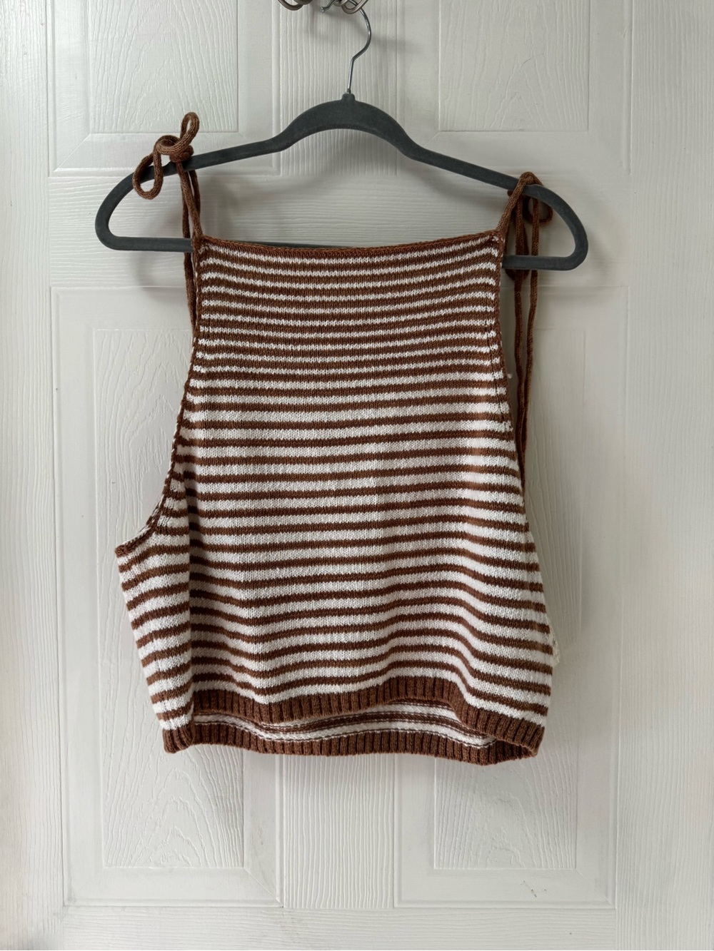 Free People Brown & White Striped Tie-Shoulder Knit Tank